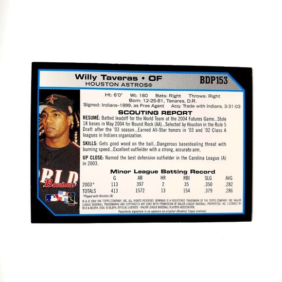 Willy Taveras BDP153 Rookie RC 2004 Bowman Draft Jersey Houston Astros - Picture 2 of 2
